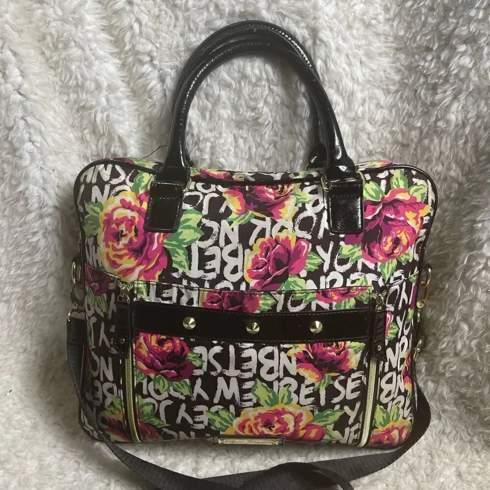 Betsey Johnson Nylon colorful large laptop shoulder bag black patent trim &strap - Picture 2 of 14